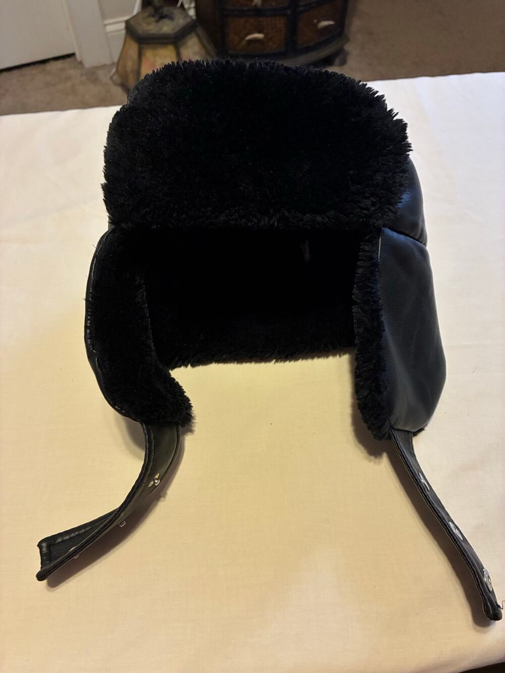 Black Faux Fur Trapper Hat Ushanka Russian Aviator Winter Ear Flap Cap Adult